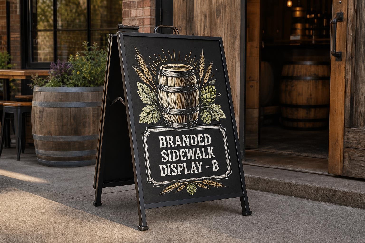 Branded sidewalk display featuring company colors and logo in a street setting for Dunleath, NC businesses