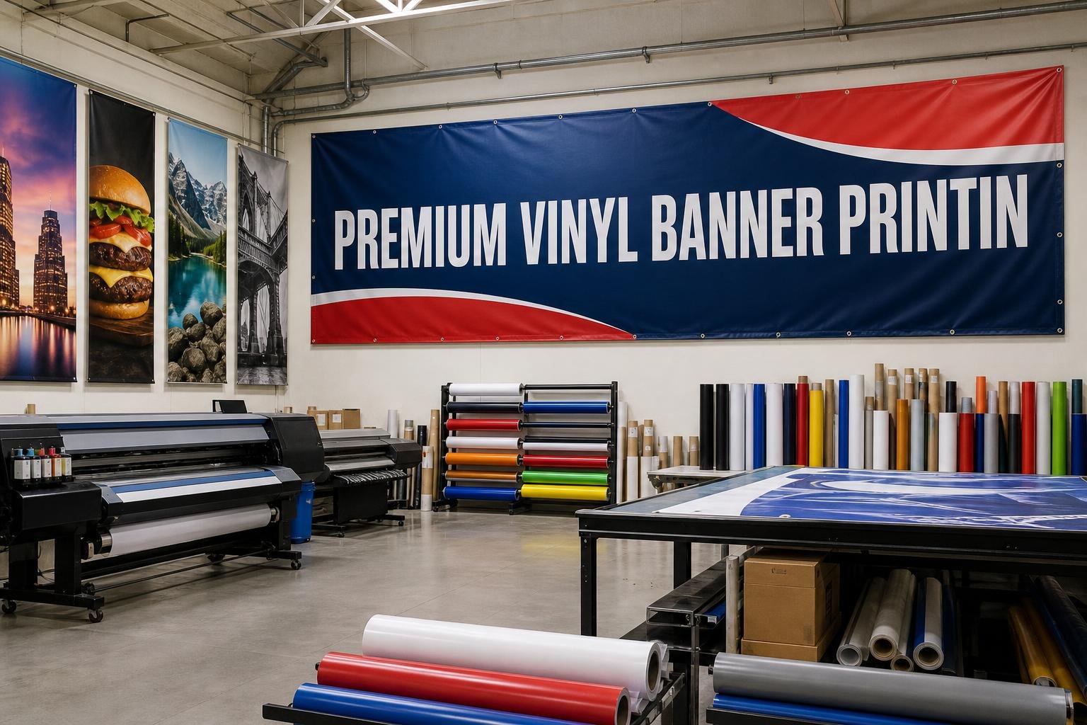 Vinyl banners displayed on various storefronts illustrating size fits in Greensboro, NC for High Point, NC businesses