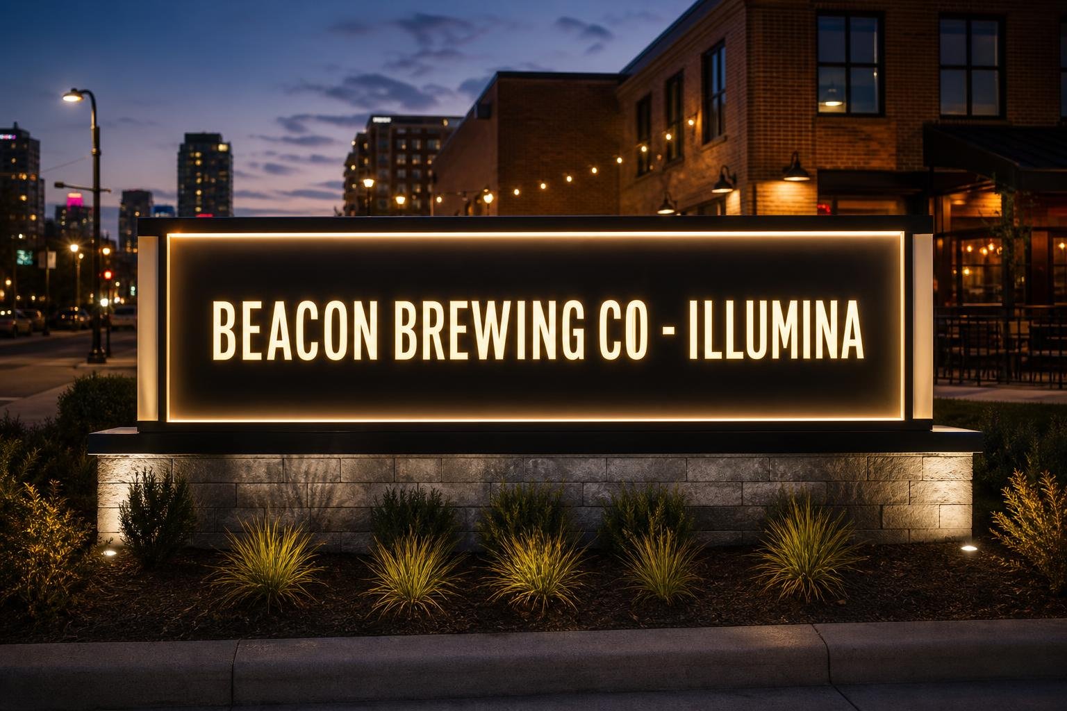 Illuminated monument sign glowing at night for businesses in Greensboro, NC for sign projects in High Point, NC