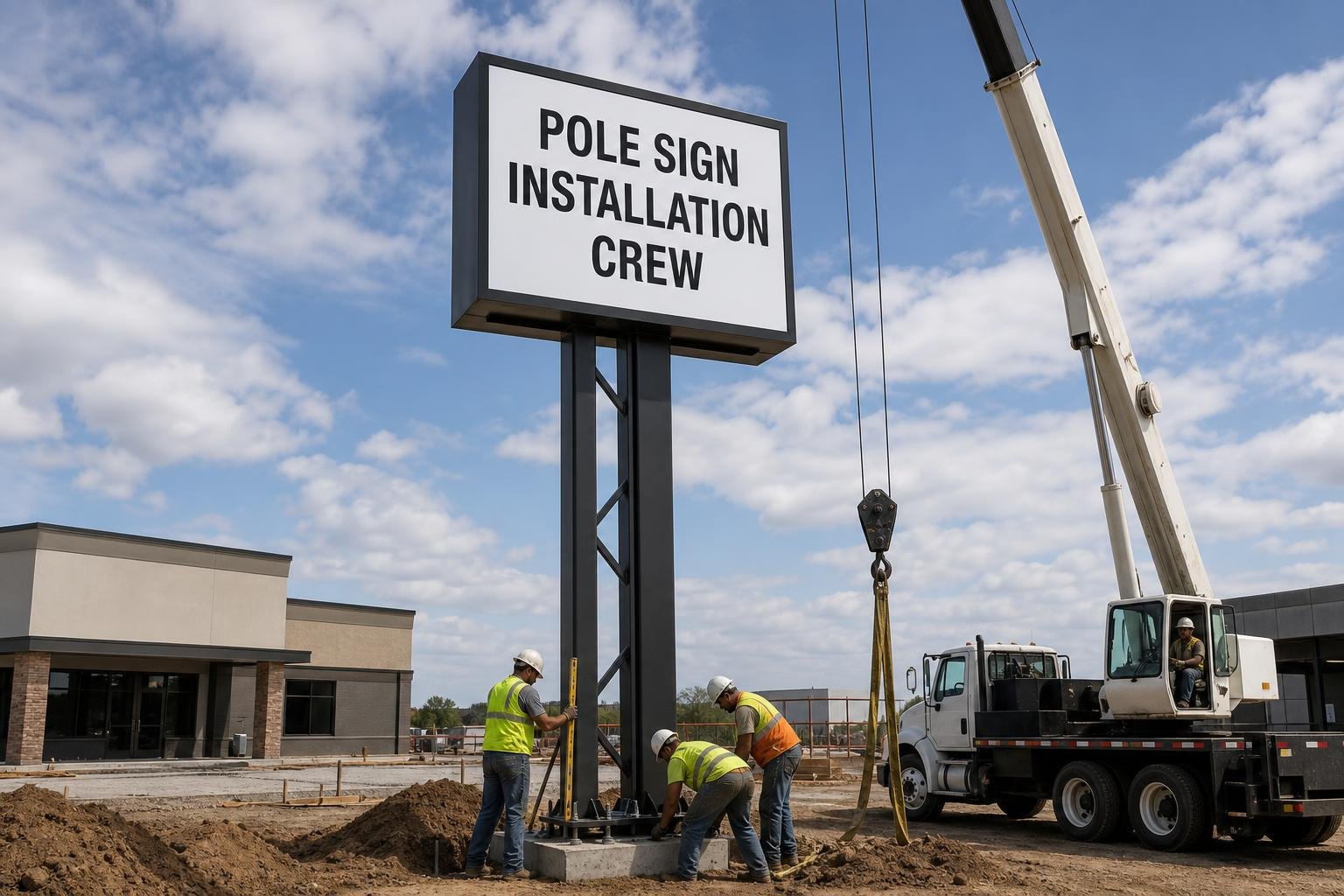 Installation process of a pylon and pole sign in progress typical for Greebsboro, Greensboro, NC site for businesses in High Point, NC