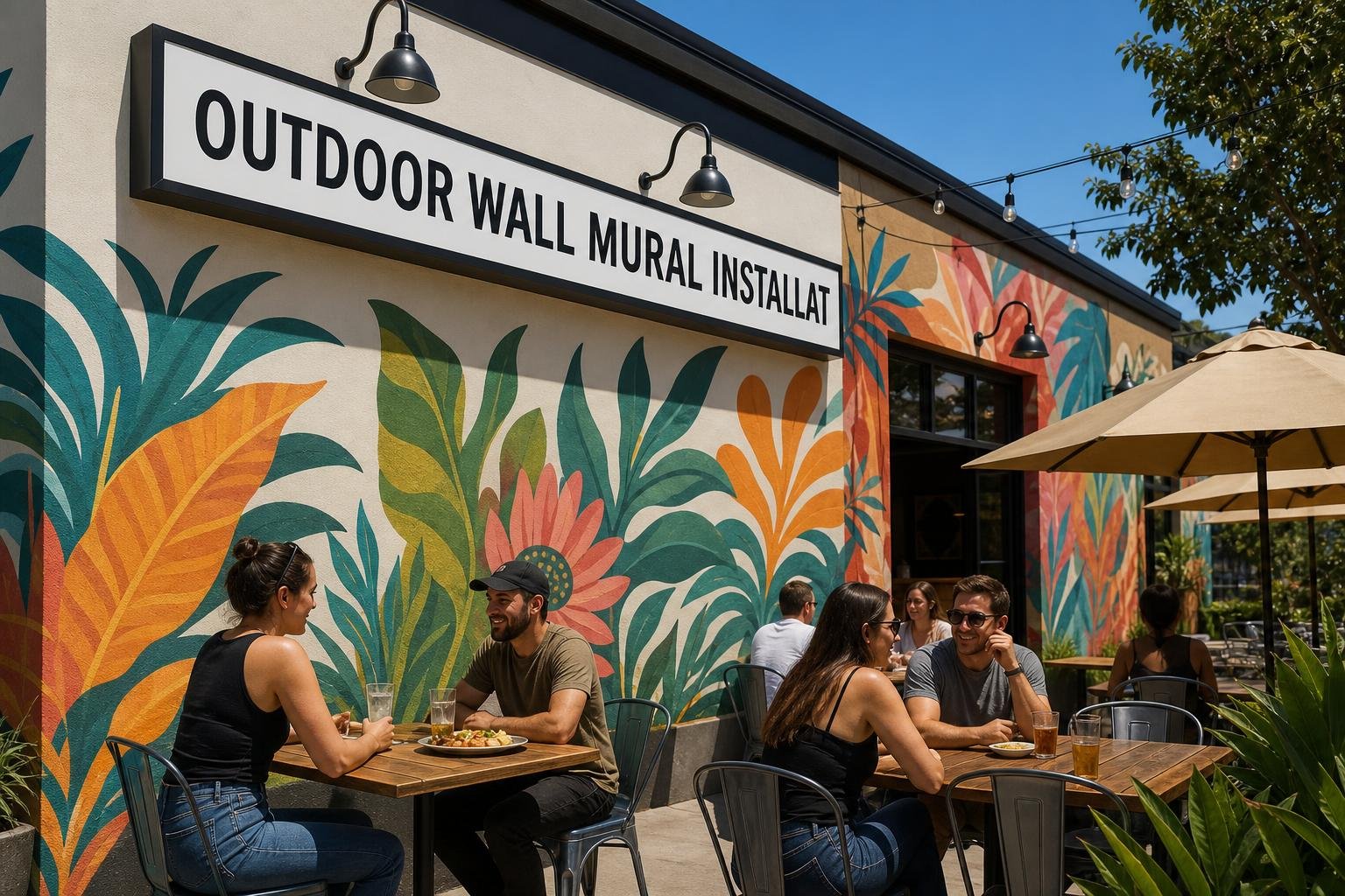Indoor wall graphic displayed within a lobby contrasted with an outdoor building mural in Greebsboro for businesses in High Point, NC
