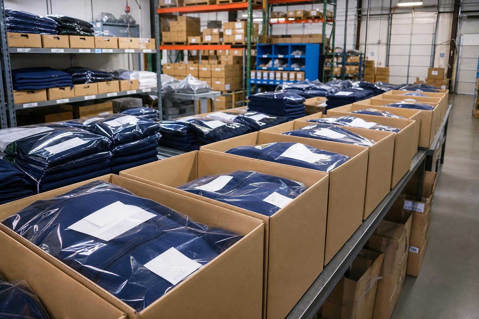 Stacked boxes of national apparel orders prepared for shipment to clients across the U.S for Eureka, CA businesses