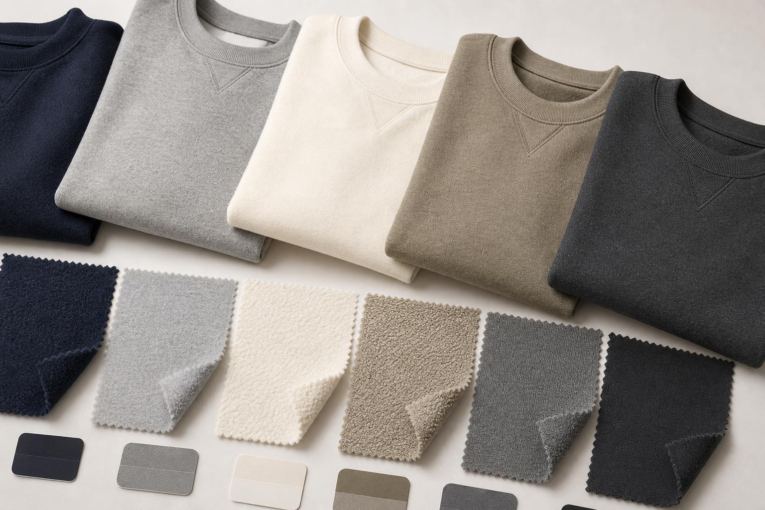 Samples of crewneck sweatshirt fabrics and textures available for Berkeley, CA businesses