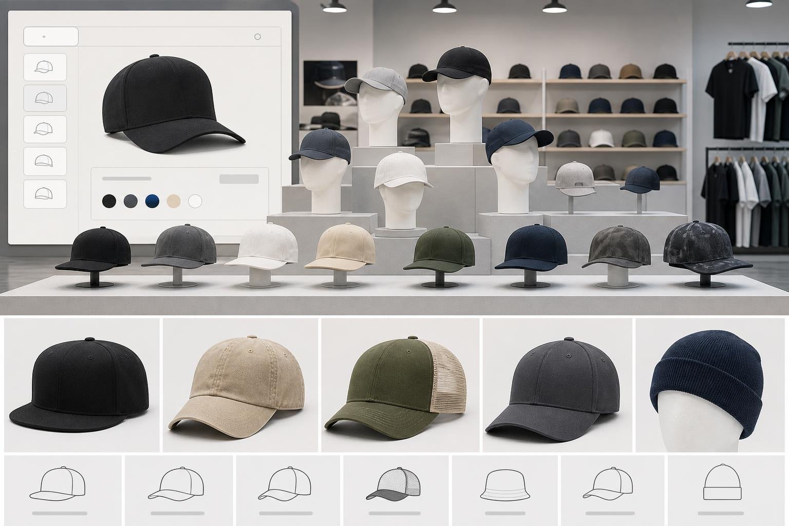 Variety of custom hat styles displayed clientele for businesses in Berkeley, CA