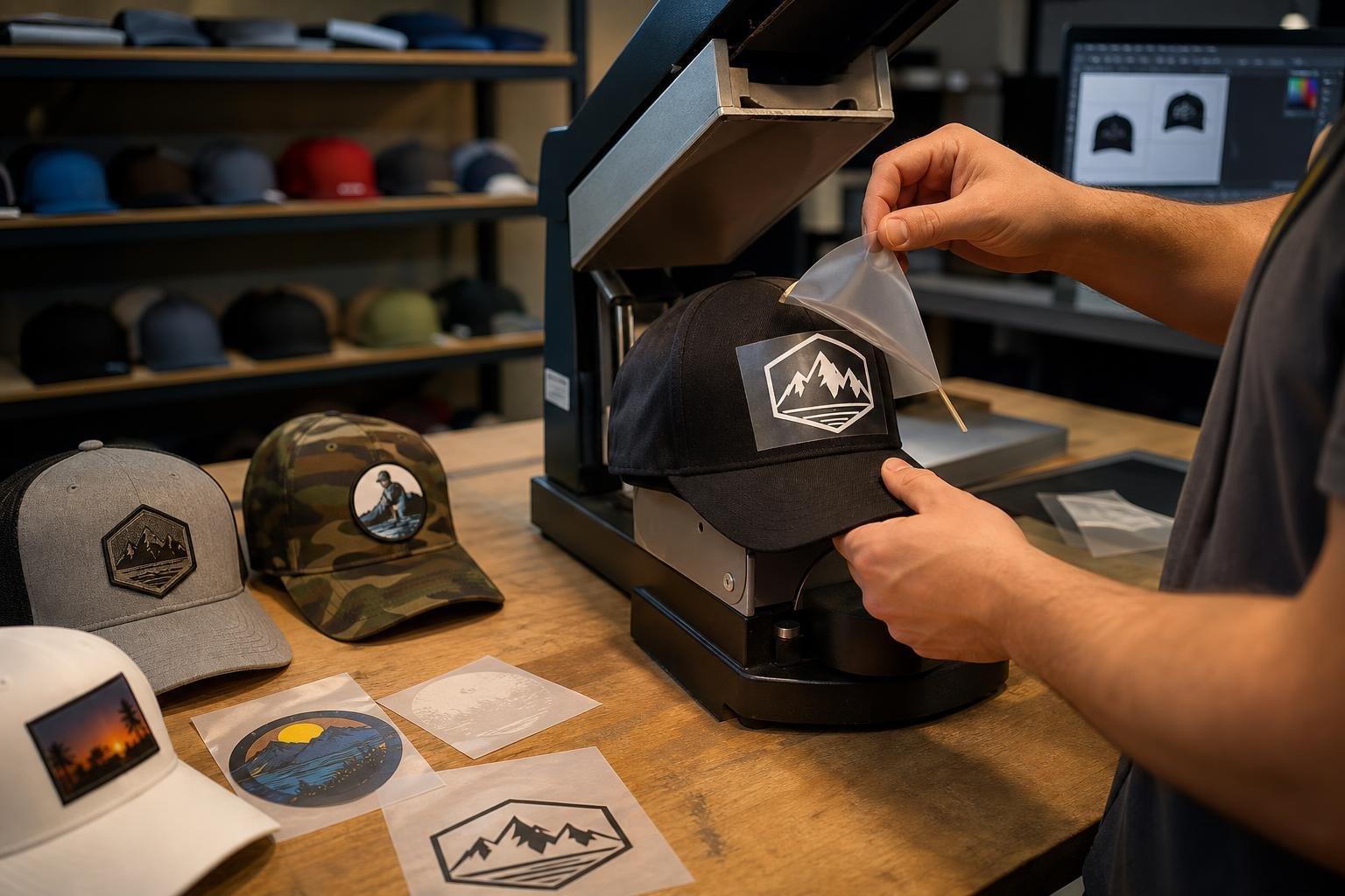 Samples of hat decoration techniques including embroidery and printing for Berkeley, CA businesses