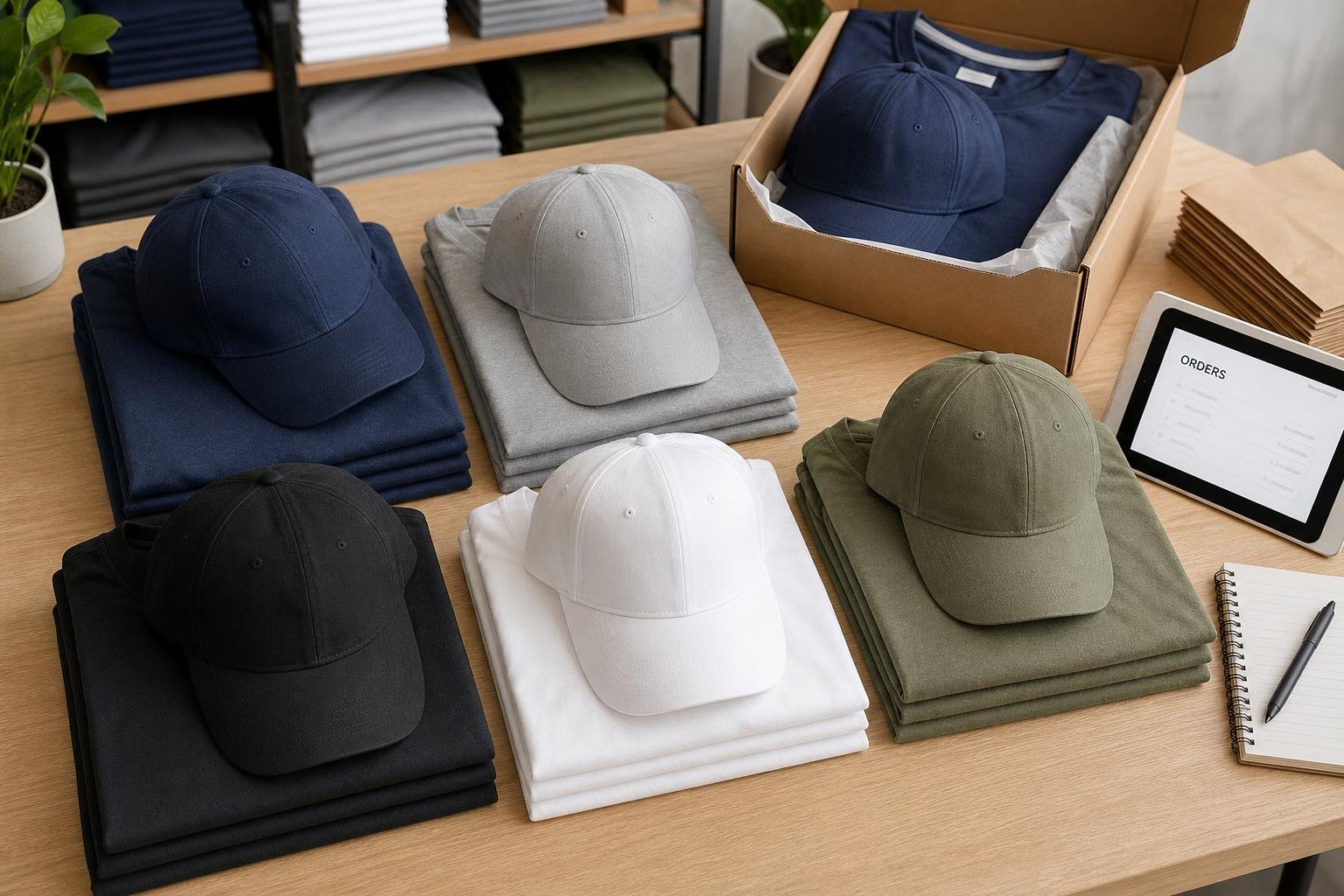 Bundled custom shirts and hats showcasing unified branding markets for businesses in Berkeley, CA