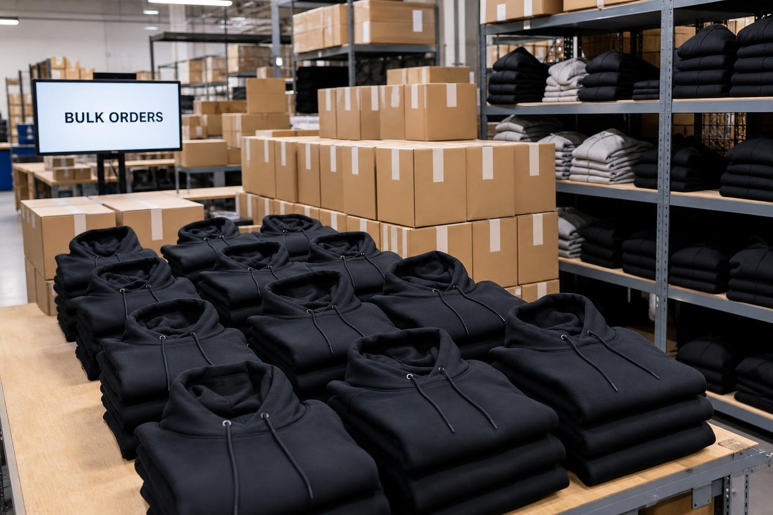 Bulk custom hoodies stacked ready to ship for businesses in Clovis, CA