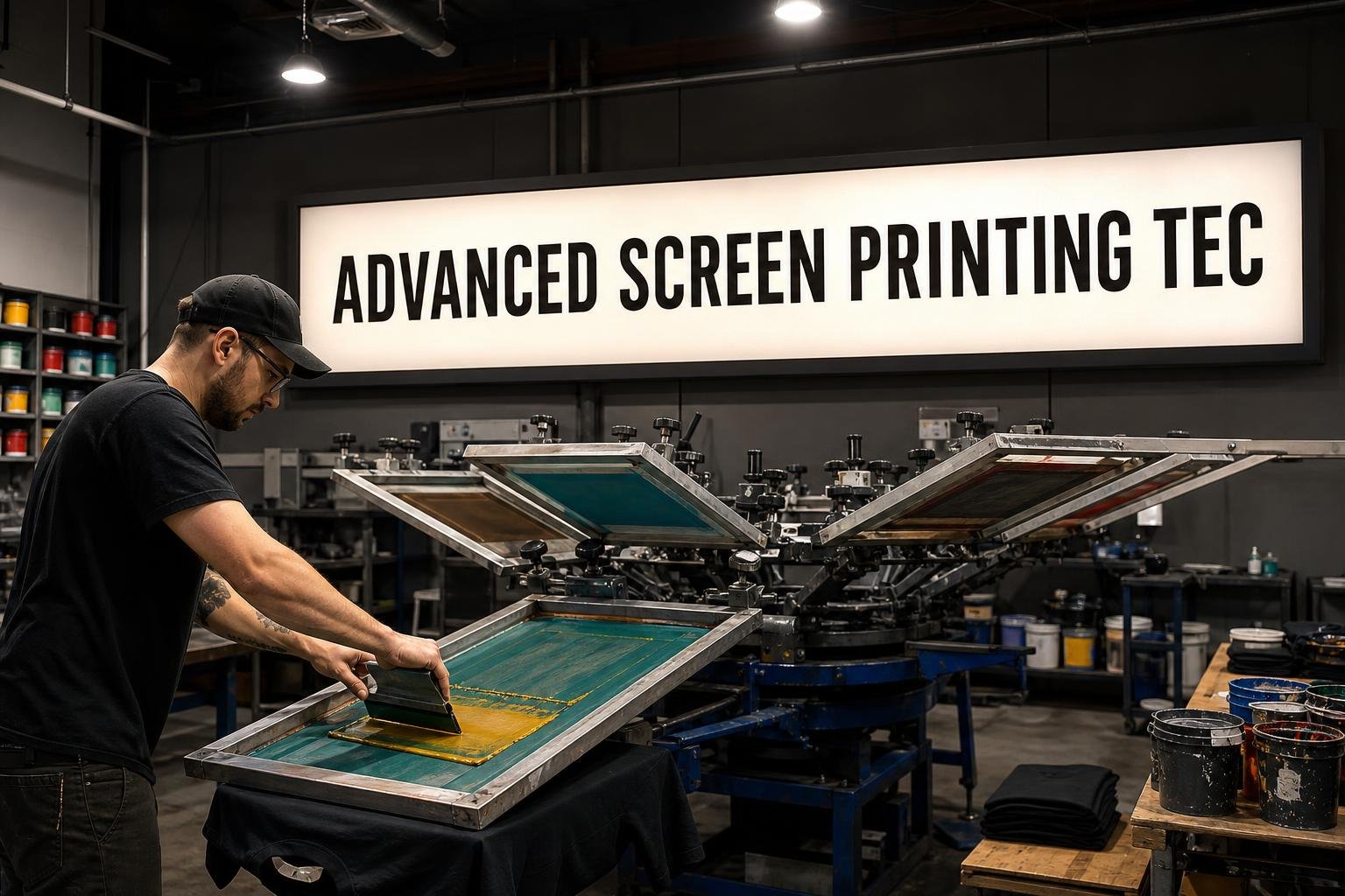 Screen printing setup producing vibrant custom t-shirts in a professional environment serving for sign projects in Eureka, CA