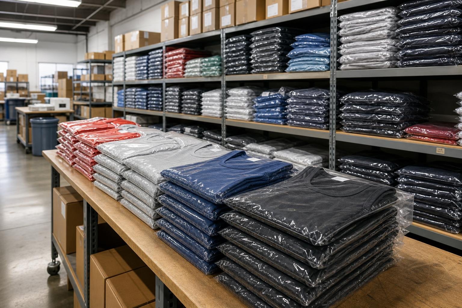 Stack of bulk tank top orders ready for shipment to relevant to businesses in Redding, CA