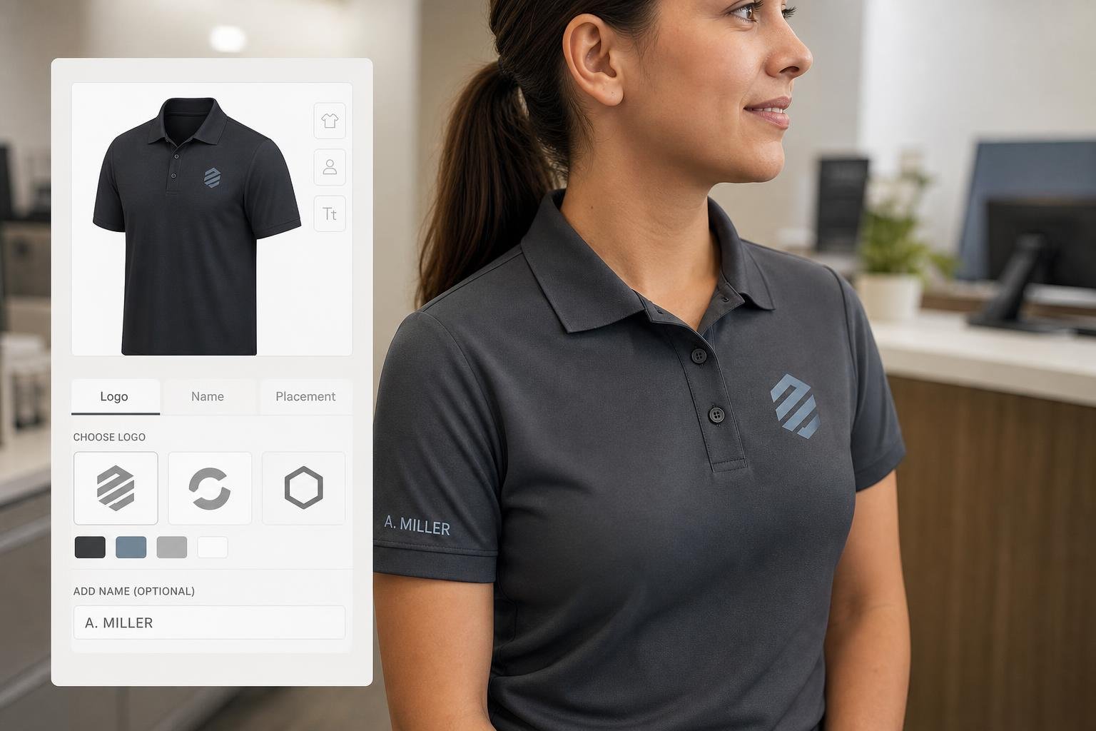 Customized employee uniforms displayed in various styles and colors relevant to businesses in Clovis, CA
