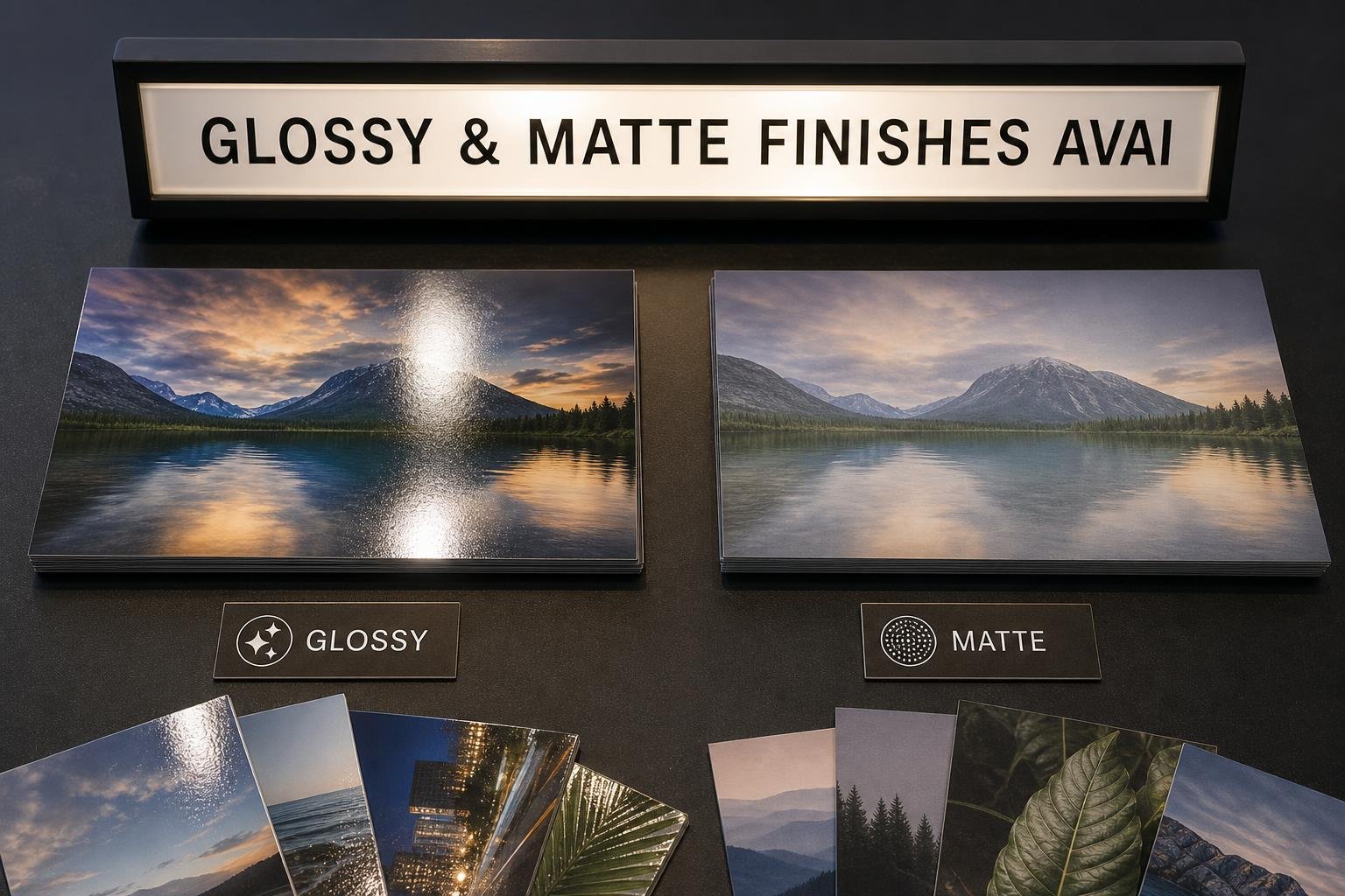 Glossy and matte finish postcards arranged on a table , Tempe AZ businesses for businesses in Apache, AZ